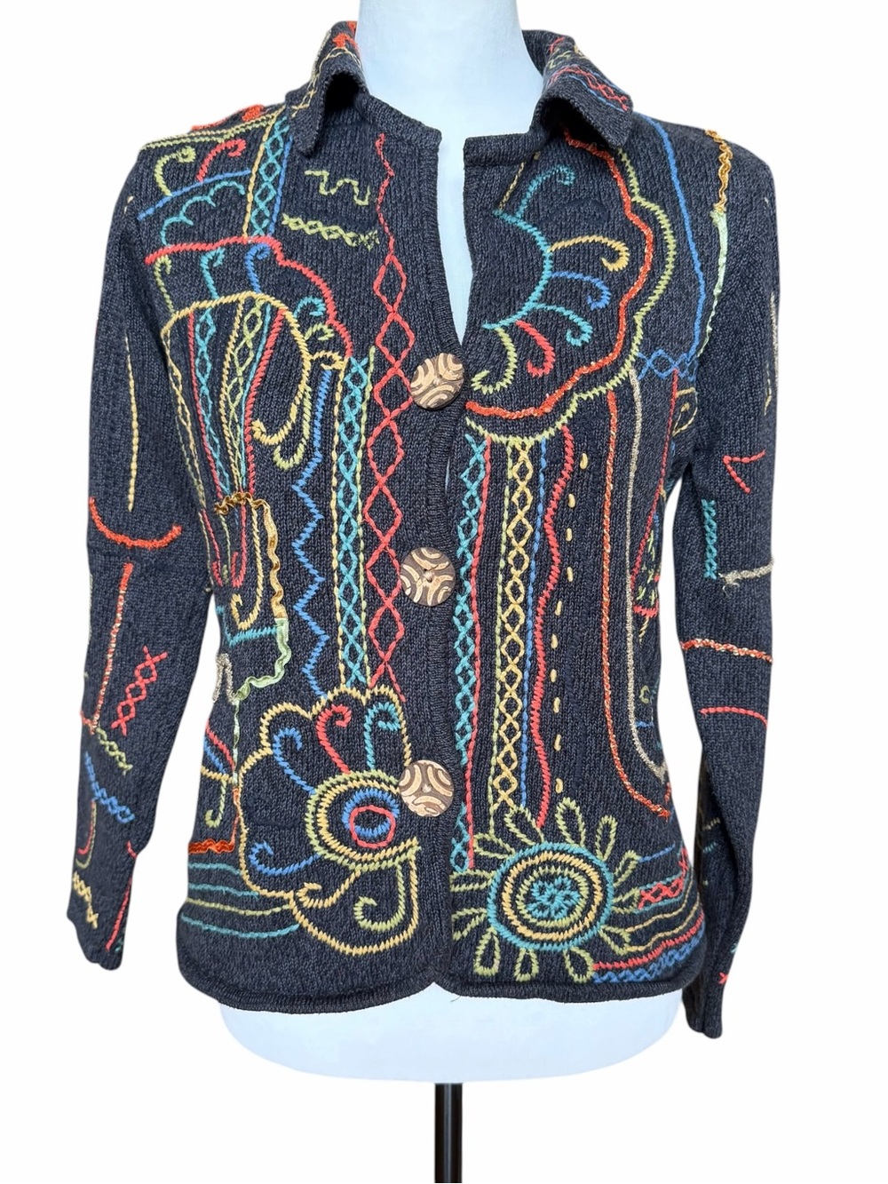 Chicos Embroidered Cardigan Sweater Size Small Gray Wearable Art Boho Artsy